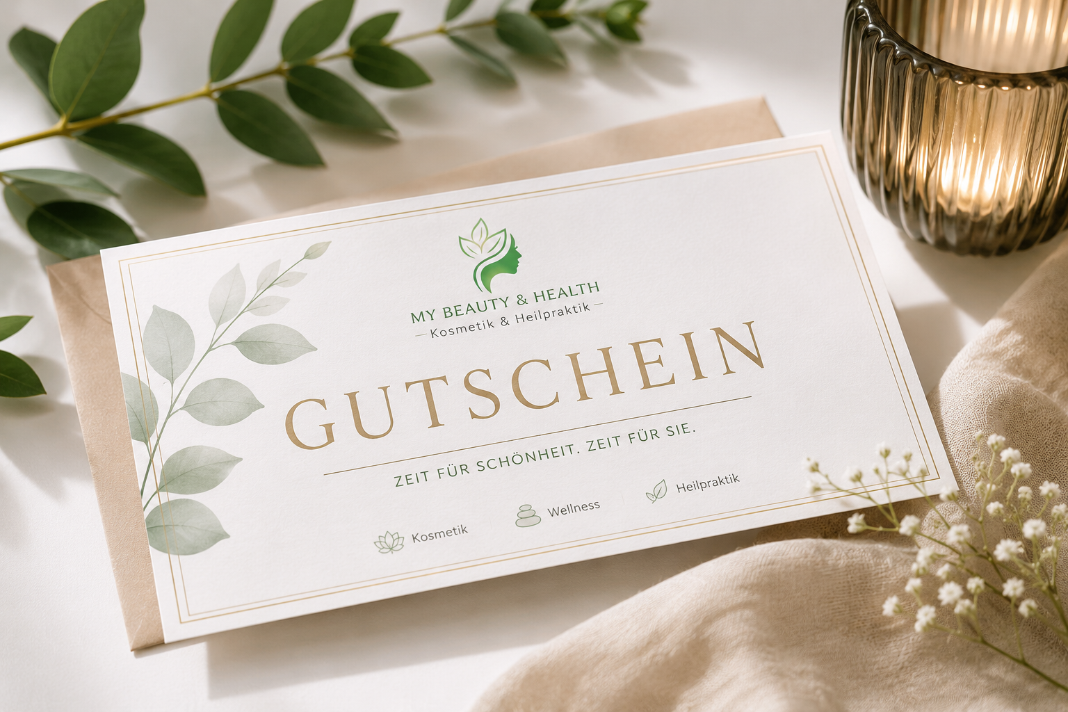 Gift voucher for My Beauty & Health beauty and wellness with gold text 'GUTSCHEIN' and green leafy design on white card